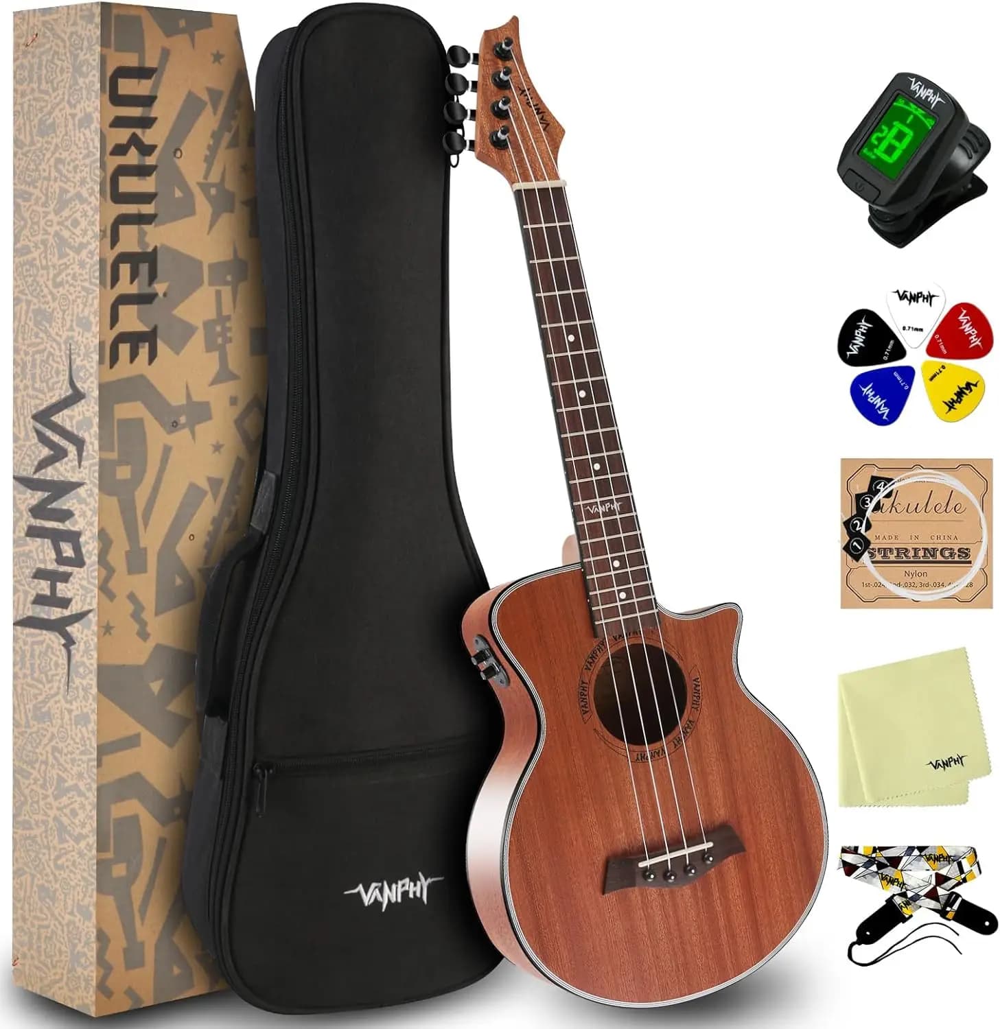23-Inch Concert Acoustic-Electric Ukulele with Equalizer, Beginner Starter Kit for Adults, Includes Case, Tuner, Strap, Strings, Picks, and Cleaning Cloth
