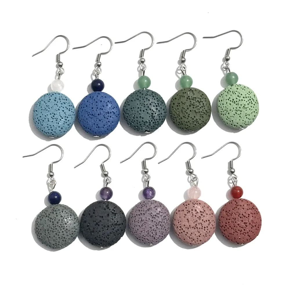 Orecchini piatti rotondi da 2 cm in pietra lavica colorata, fai da te, diffusore di oli essenziali, ciondolo, collane, gioielli da donna e uomo, set di gioielli