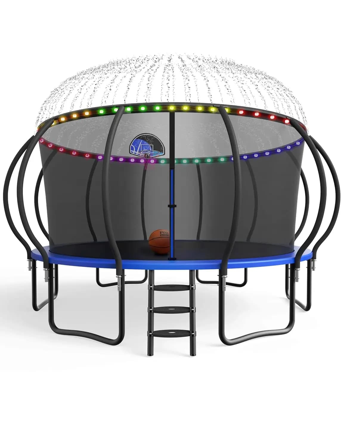 Grande Trampolino da Esterno con Canestro da Basket, Rete di Protezione, Illuminazione, Resistente, Certificato ASTM, per Bambini e Adulti, Personalizzabile