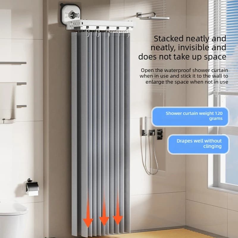 Suction Cup Foldable Shower Curtain Rod Set, No Drilling Bathroom Partition Rod with Storage Rack, Wet Dry Separation