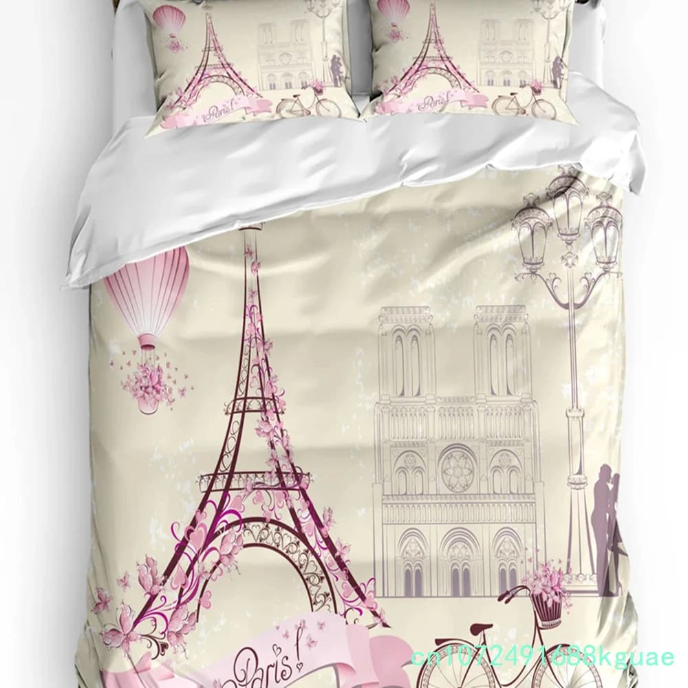 3pcs Bedding Set France Paris Tower Hot Air Balloon Bicycle Retro Duvet Cover Pillow Case Boy Kid Teen Girl Bedding Covers Set