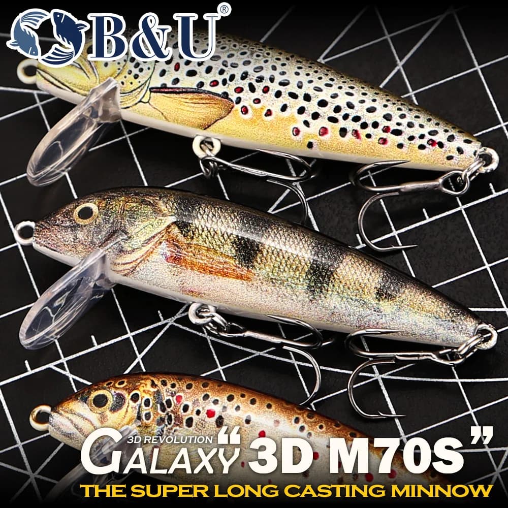 Esche da Pesca B&U Sinking Minnow, Esca Rigida 3D Realistica a Lunga Gittata con Ancorette per Acqua Dolce e Salata, per Spigola, Trota, Luccio