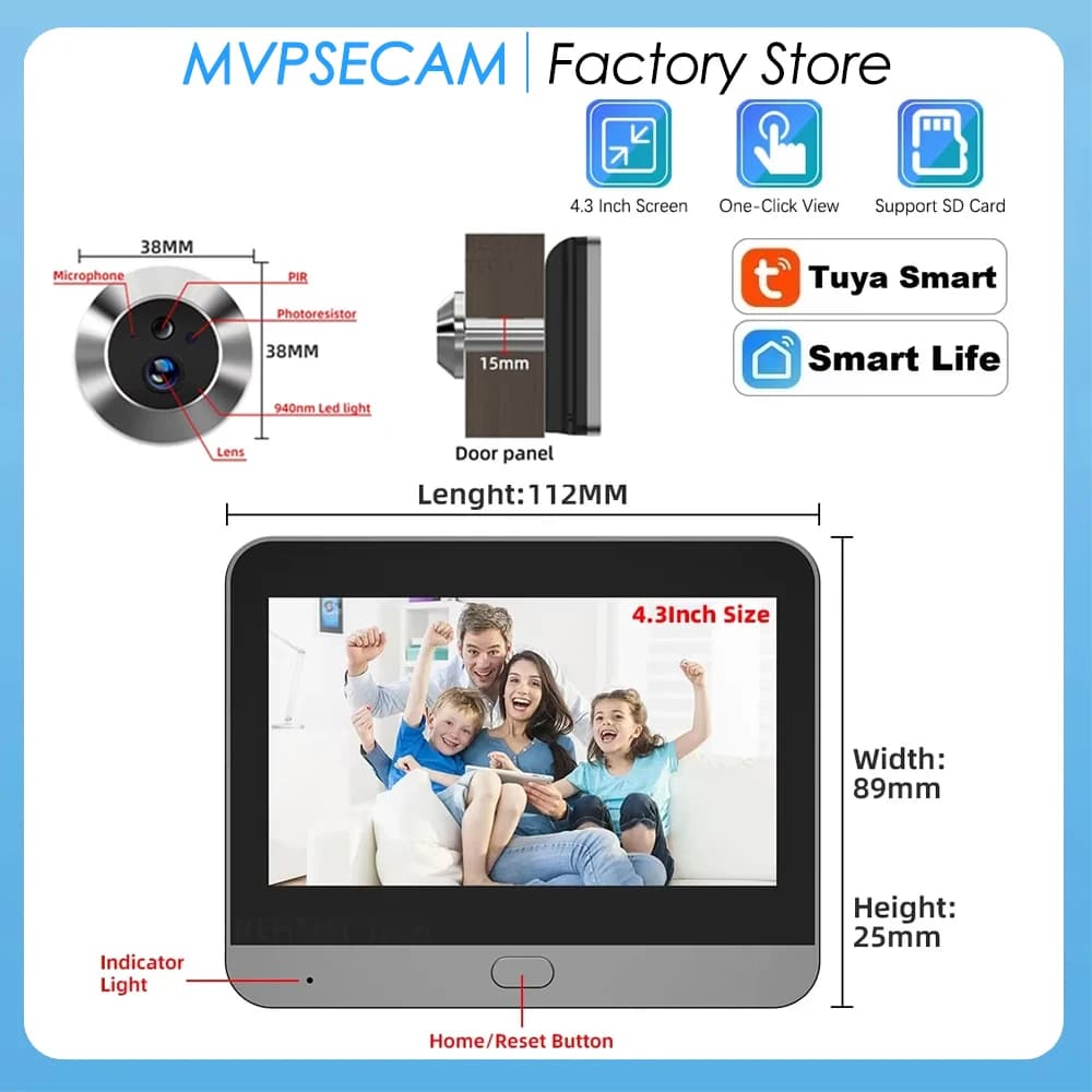 Tuya Intelligente 5MP 140 ° Ampio angolo di visione Mini spioncino digitale Visualizzatore WiFi IR Rilevazione PIR Campanello Telecamera per porta TUYA Samrtlife