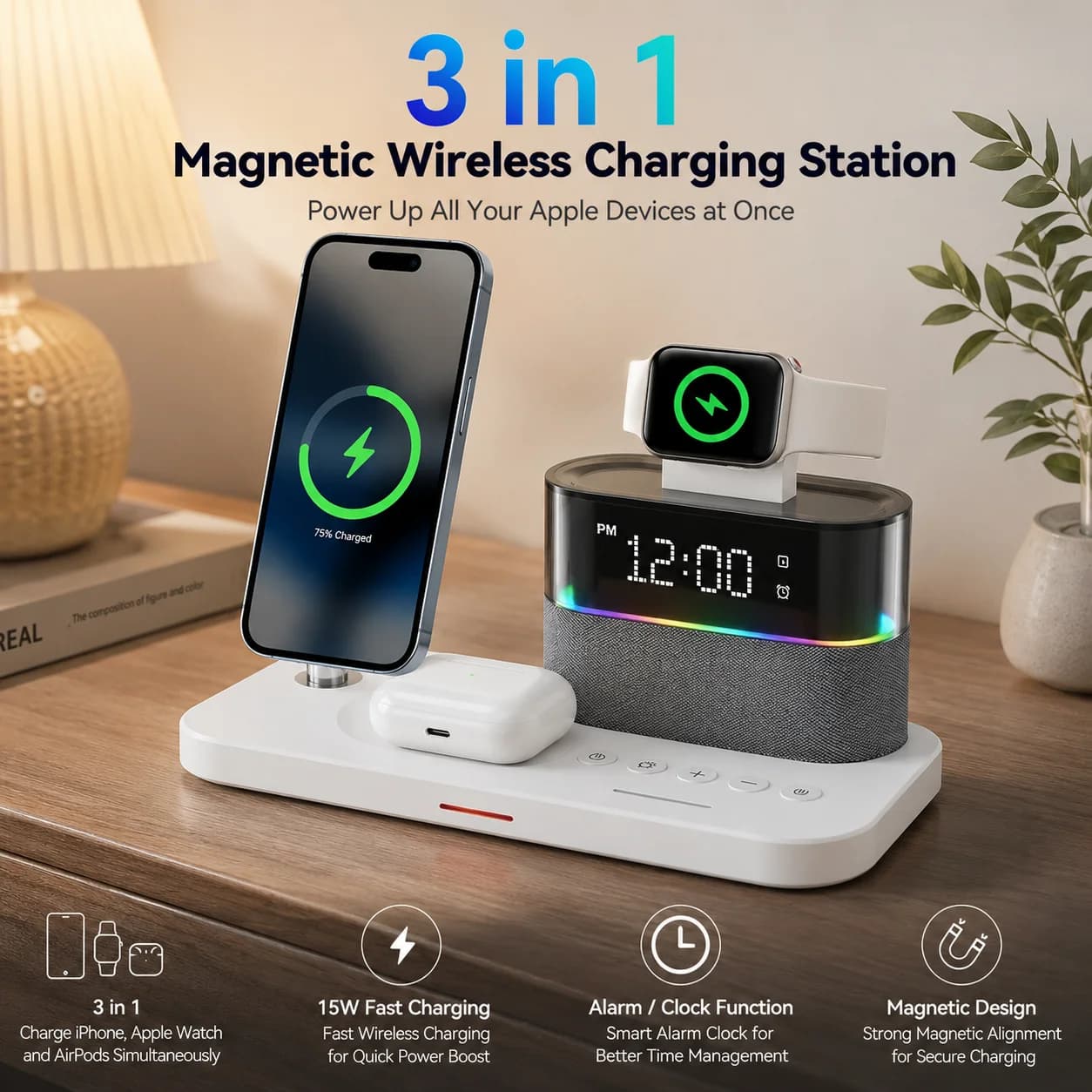 Caricatore Wireless Magnetico 5 in 1 da 15W, Ricarica Rapida Qi per iWatch e Samsung, Accessori per Telefoni Cellulari Compatibili