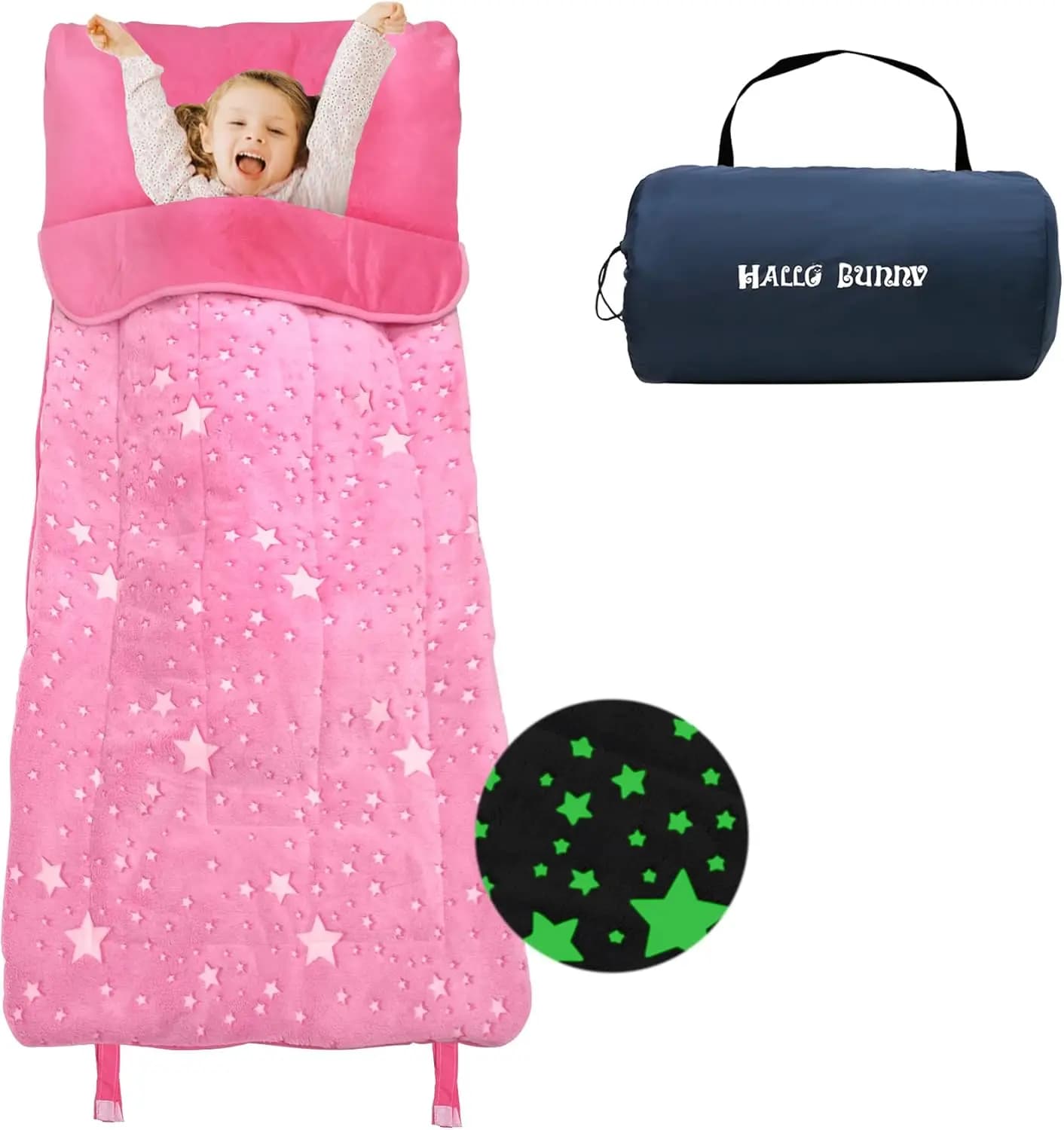 Sacco a Pelo per Bambini Luminoso al Buio con Cuscino, Morbido e Peluche per Pernottamenti e Viaggi