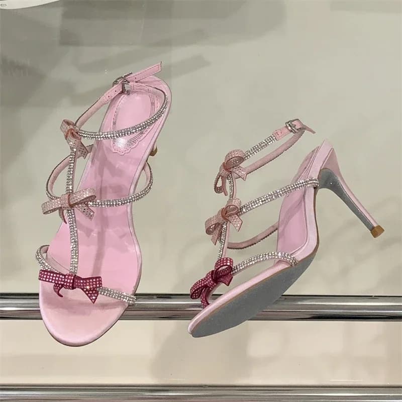 Aneikeh Sexy Peep Toe Cristallo Farfalla-nodo Sandali con cinturino alla caviglia Donna Moda Stiletto Tacchi alti Banchetto Party Pumps Scarpe