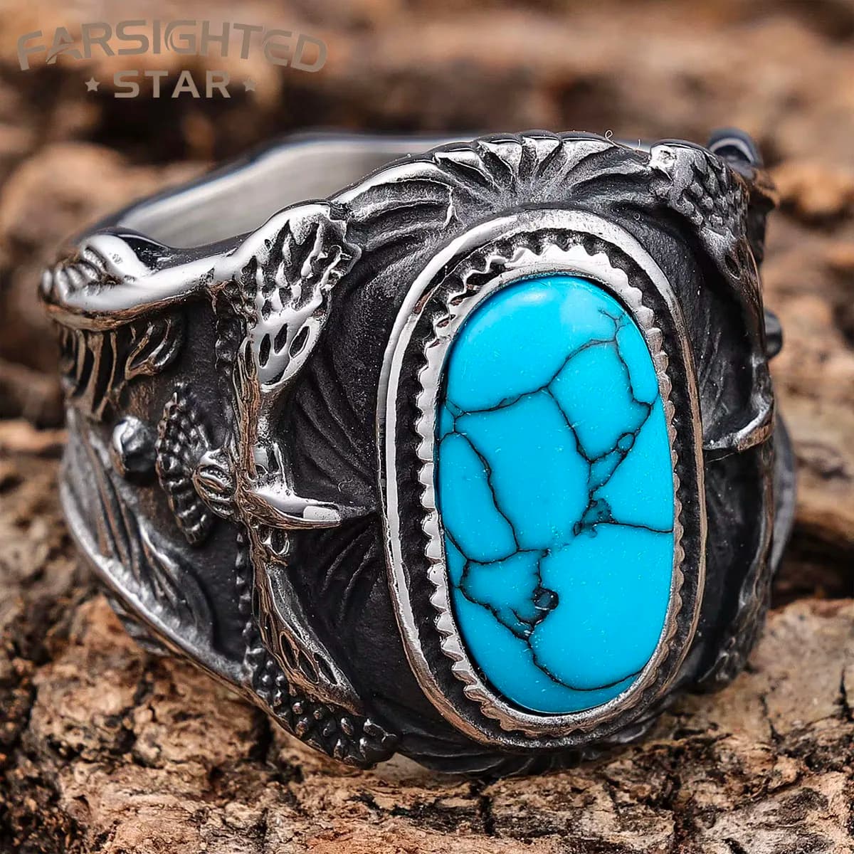 Stainless Steel Ring Gemstones Trendy Turquoise Men Rings Eagle Rock Punk for Male Boyfriend Jewelry Best Gift Dropshipping