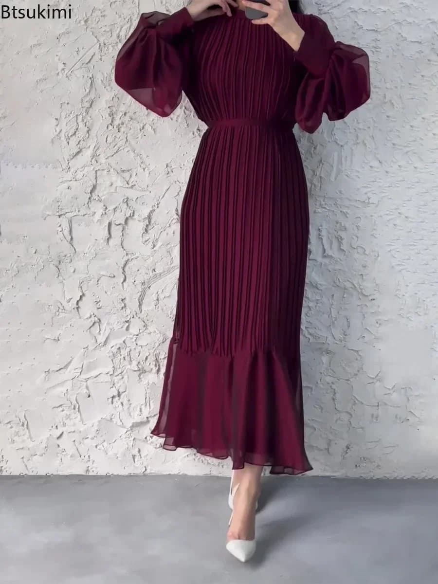 2026 Women's Long Pleated Party Dress Spring Ladies Round Neck Temperament Maxi Dress Elegant Casual Evening Dresses Robe Female