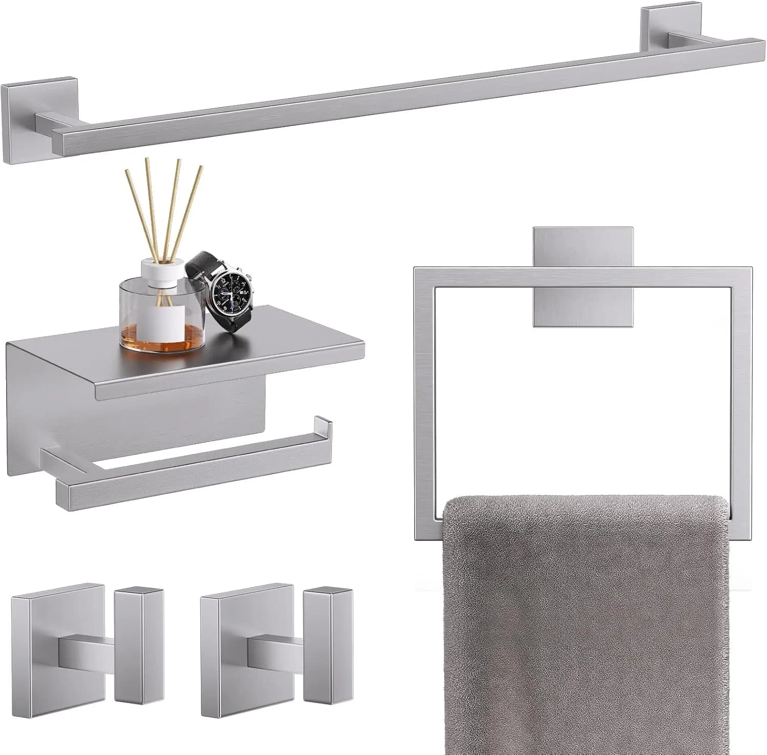 Set da Bagno in Nichel Spazzolato 5 Pezzi: Portasciugamani in Acciaio Inox da 60 cm, Porta Carta Igienica Quadrato da Parete con Mensola