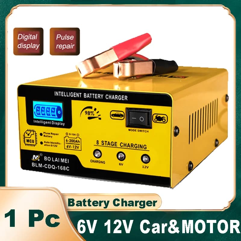 Caricabatteria per auto automatico 6V 12V 6Ah-200Ah 15AMP Caricabatteria intelligente Caricatore di riparazione a impulsi a ricarica rapida per auto moto