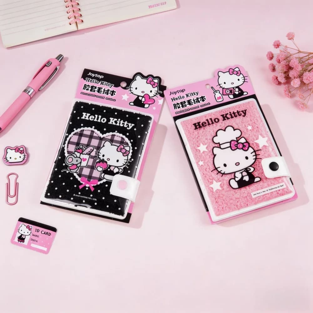 Genuine Sanrio Hello Kitty 64K Snap Button Notebook Plastic&plush-covered Pocket Journal Stationery Teens Women Gifts