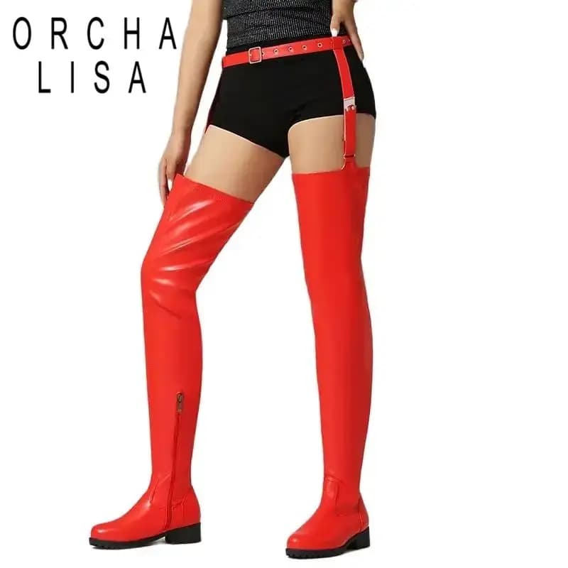 ORCHALISA 2024 New Fashion Women Thigh Boots Round Toe Thick Heels 3cm Zipper Big Size 46 47 48 Sexy Party Booties