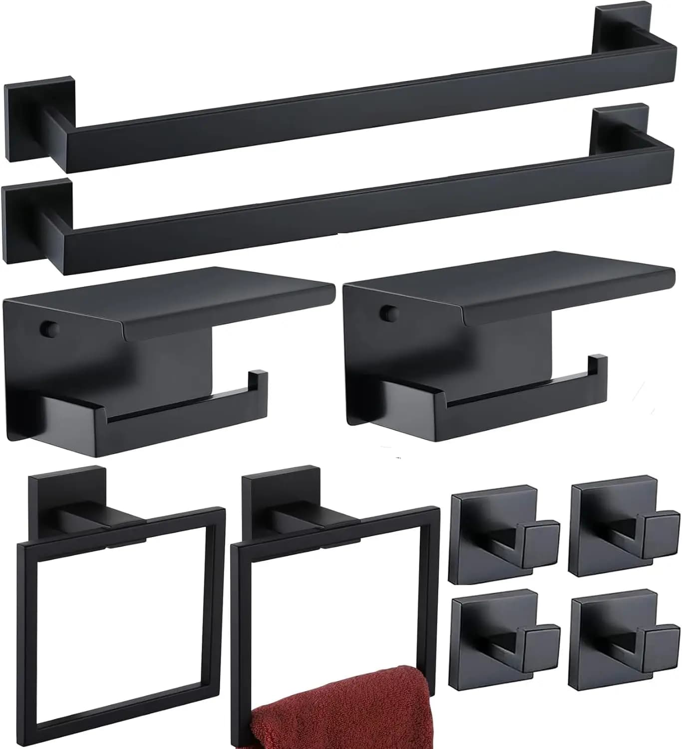 Set di Accessori per Bagno in Nero Opaco: 2 Portasciugamani, Supporti, Ganci e Porta Carta Igienica