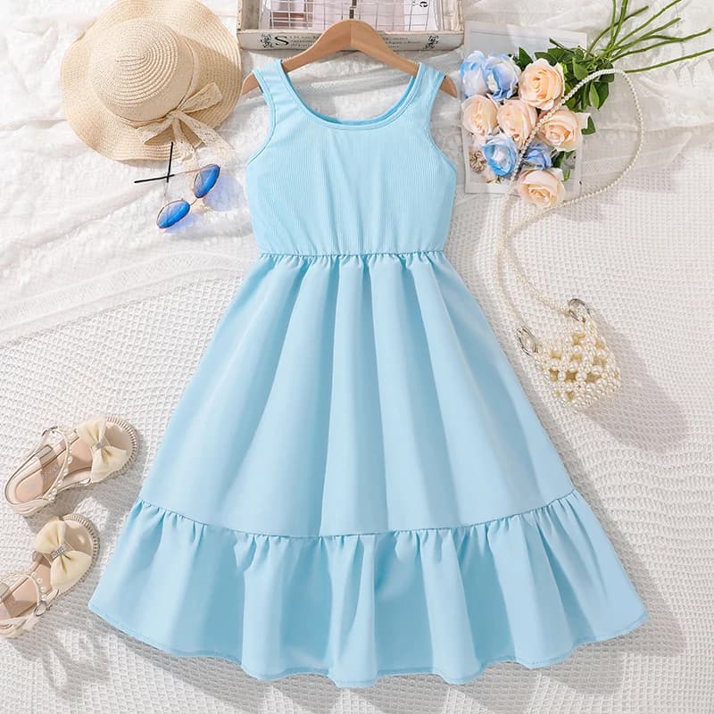 Abito da bambina sportivo blu con fionda, stile semplice, lavorato a maglia, senza maniche, per ragazze, abito estivo stile dolce, abbigliamento casual, abito per bambini