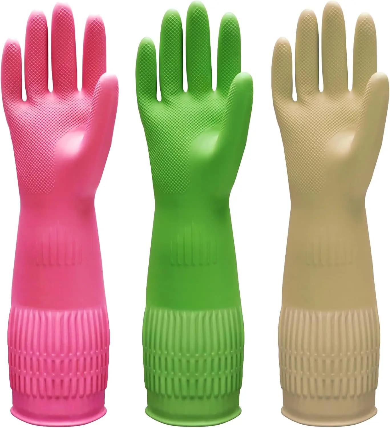 3 Pairs of Rubber Dishwashing Gloves for Kitchen and Household Cleaning – Long Cuff 15', Reusable, Flexible Long-lasting and Non