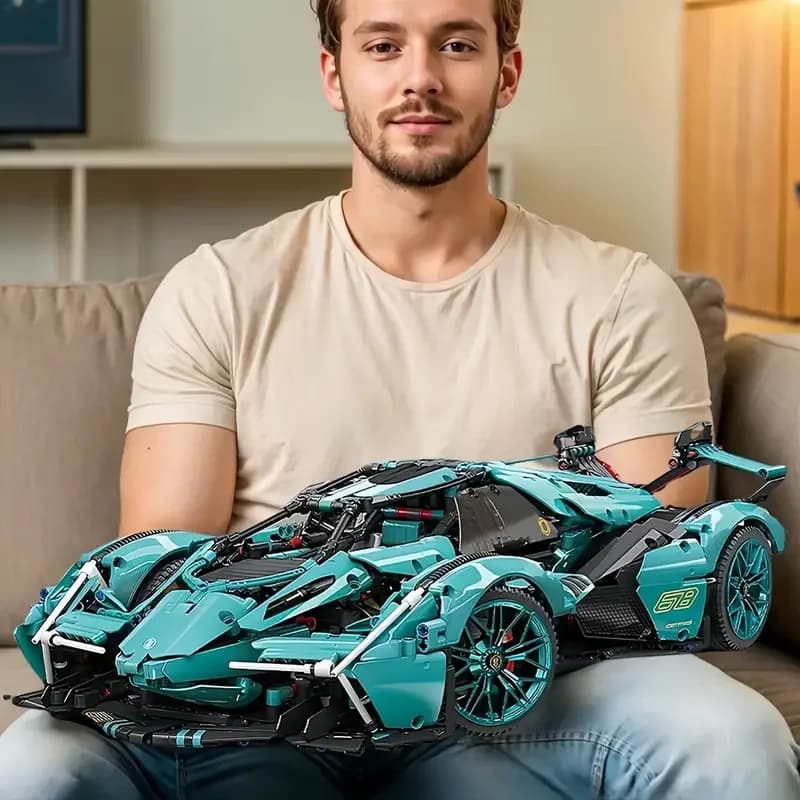 Set di blocchi di costruzione di modello di auto da corsa blu freddo da 1245 pezzi, ornamento decorativo per la casa elegante e unico, regalo a sorpresa di Natale/Halloween/compleanno
