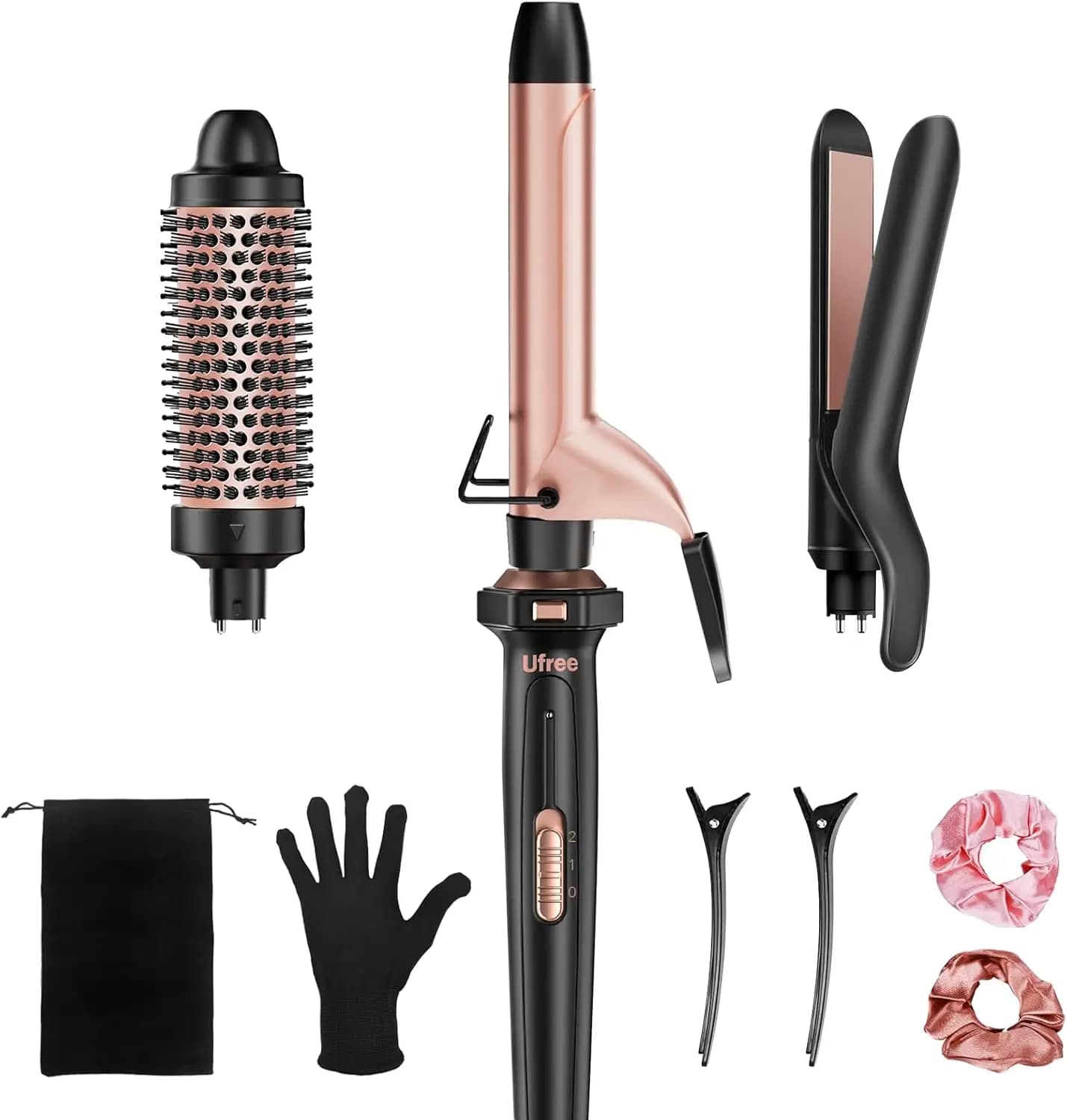 Set Ferro Arricciacapelli 3 in 1 - Piastra per Capelli a Riscaldamento Rapido e Spazzola Termica, Doppia Tensione, Include Guanto e Clip