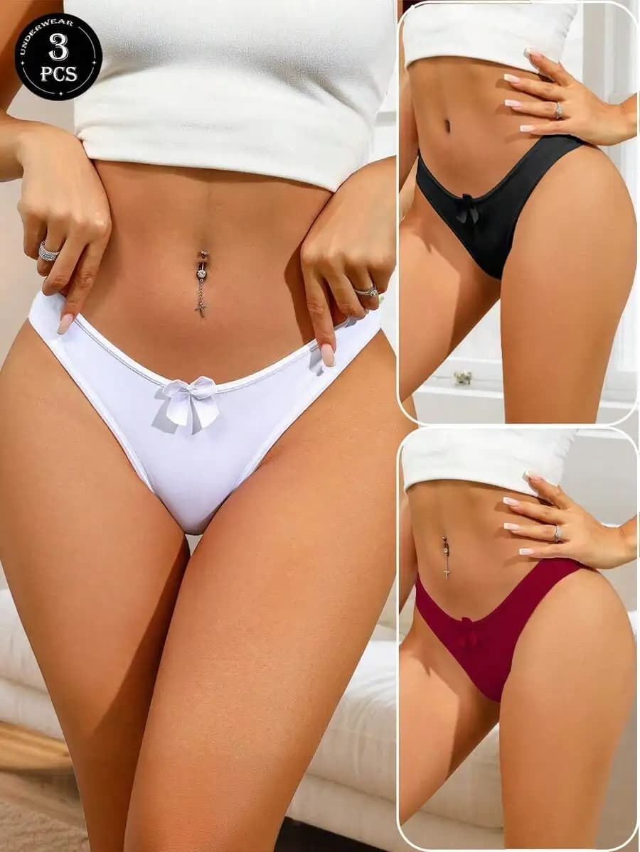 3pcs Womens Comfortable Lace Trim Bow Design Panties Low-Rise Solid Color Underwear