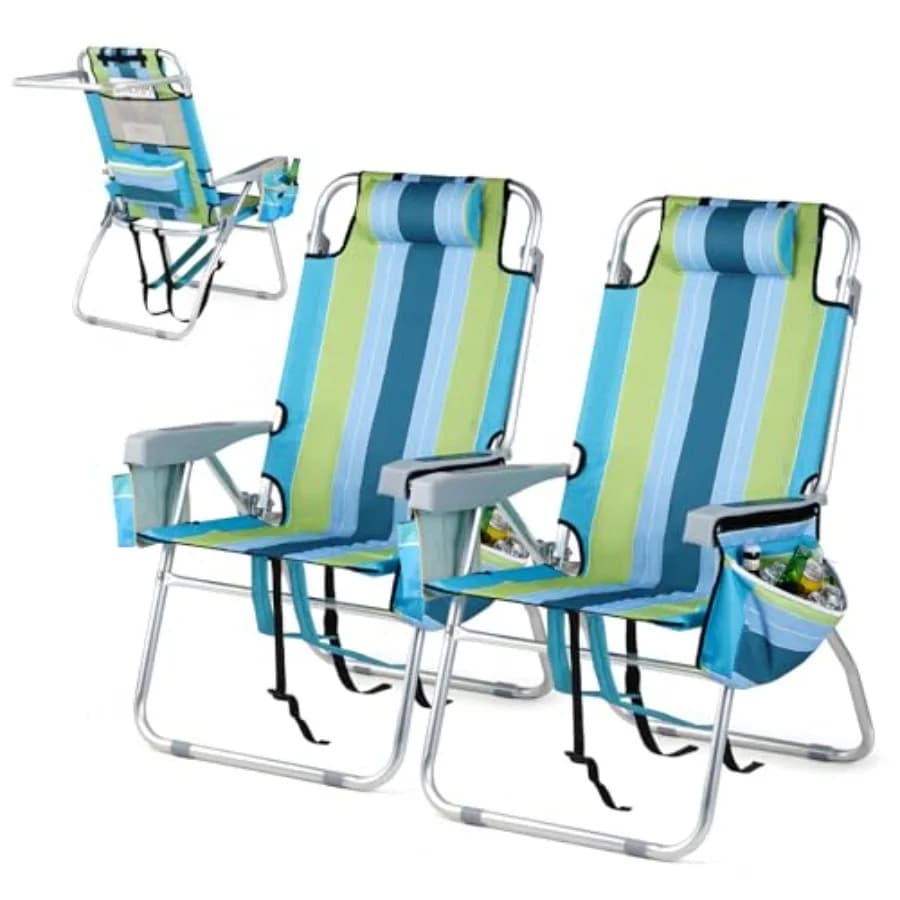 Sedia da Spiaggia Alta 2 Pezzi, Sedia da Spiaggia Leggera con Zaino per Adulti, con Borsa Termica a 5 Posizioni, Portabicchieri e Porta Asciugamani
