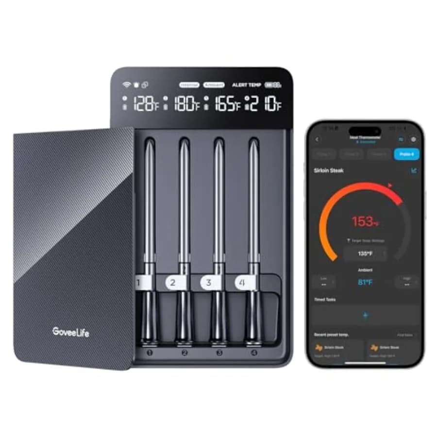 Termometro per Carne Wireless Bluetooth con 4 Sonde, WiFi a Portata Illimitata ±1.8 ℉ Dispositivo di Monitoraggio in Tempo Reale Impermeabile IP68 di Precisione