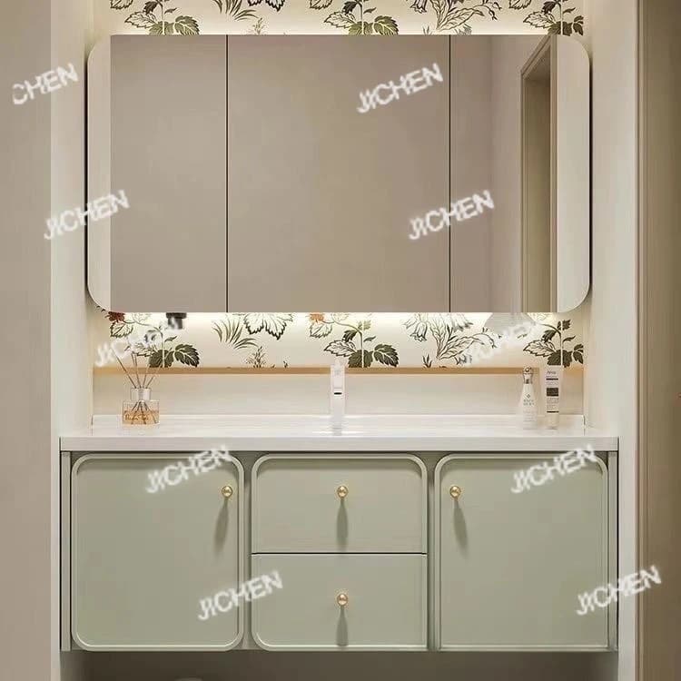 Mobile da bagno pastorale color crema francese, lavabo, specchio a luce ambientale, portaoggetti integrato per bellezza, lavabo integrato in ceramica