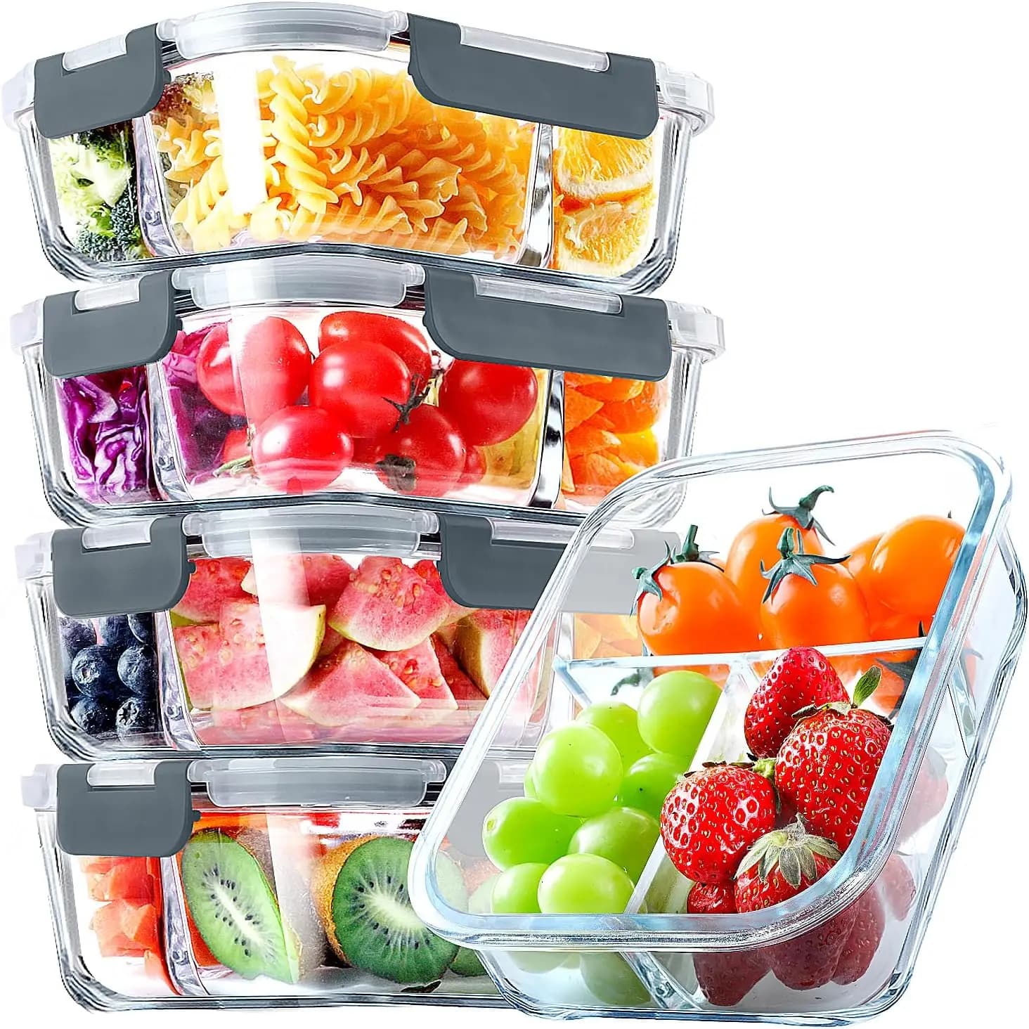 Set di 5 Contenitori in Vetro per Preparazione Pasti con 3 Scomparti, Contenitori Ermetici in Vetro da 36OZ per Pranzo, Contenitori in Vetro per Conservazione Alimenti con