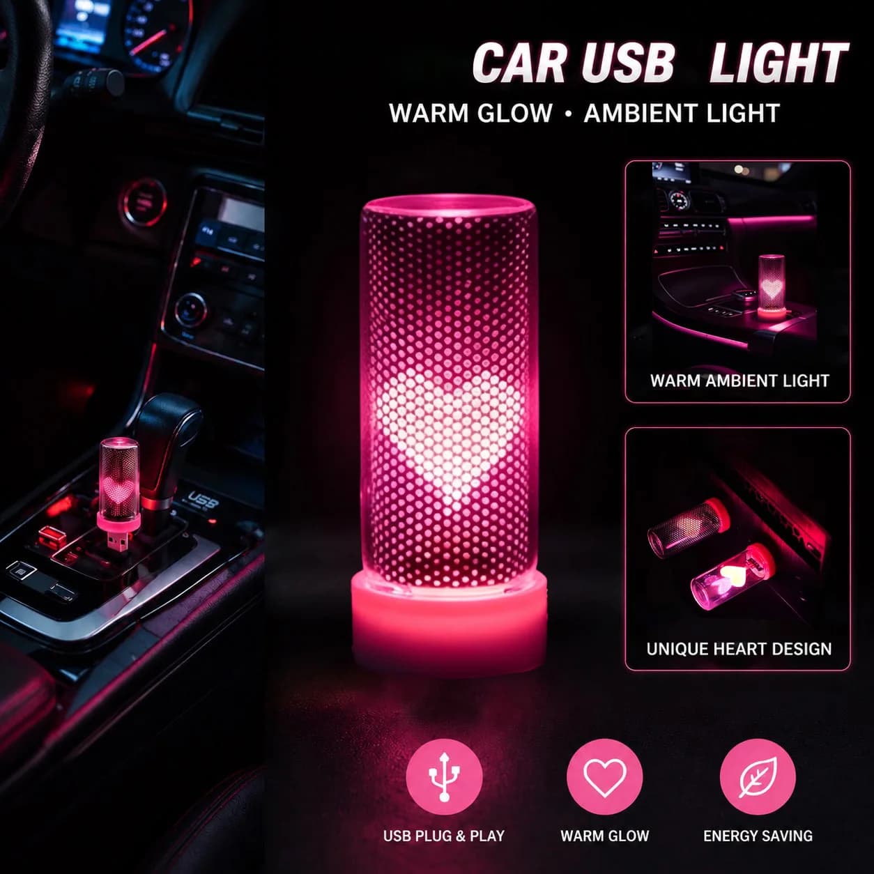 New USB Heart Car Ambient Mood Lamp Plug and Play Romantic Love Heart Decorative Atmosphere Light Car Interior Home Lamp