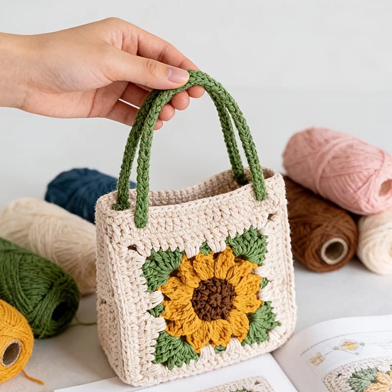 Sunflower Flower Lady's Handbag Material Kit [Not a Finished Product], Complete Crochet Kit Includes Crochet Hook, Buttons, Yarn, English Video Tutorial Instructions, Etc., Suitable for Adult Women's DIY Crochet Bags, Is the Perfect Gift for Mother's Day, Easter, or Birthdays