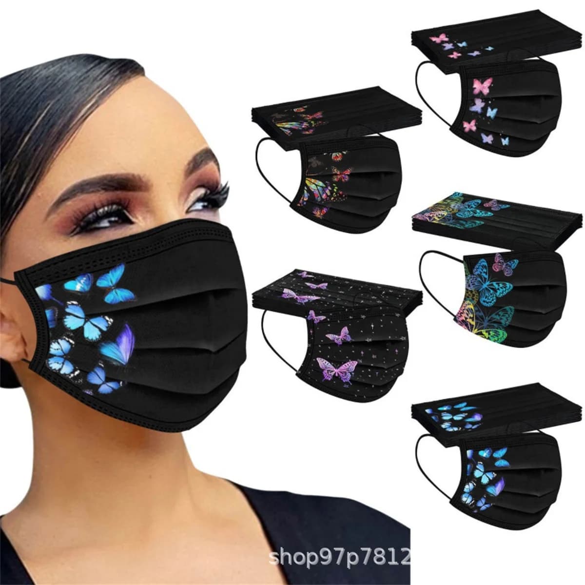 Maschere per adulti nere con stampa a farfalla colorata da 50 pezzi Maschere protettive non tessute monouso spunlace a tre strati per la pelle