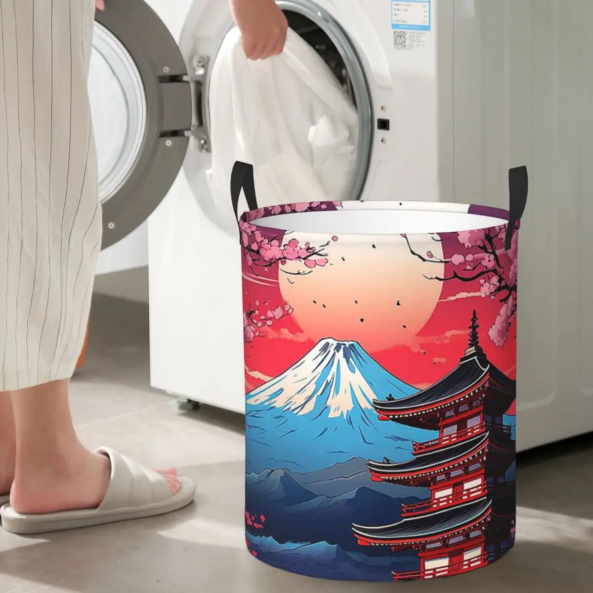 Folding Basket for Linens Water and Toys with Japanese Sakura Motive and Red Sun in Risalto, Domestic Organizer