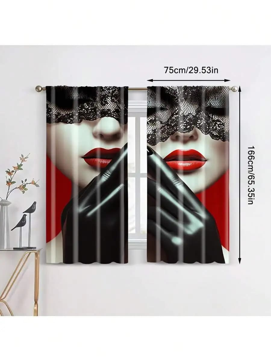 2pcs Blackout Curtains With Red Lips Print Polyester Rod Pocket Contemporary Style For Bedroom