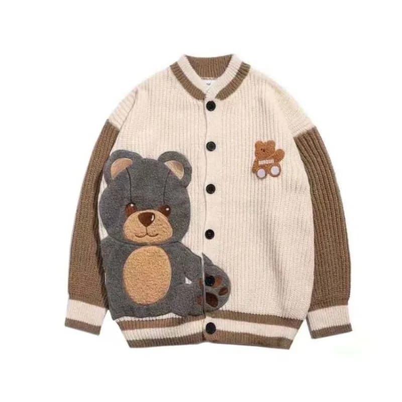 Cardigan lavorato a maglia con ricamo grafico orso carino da donna Unisex Varsity manica lunga maglione abbottonato cappotto giacca Casual in maglieria allentata