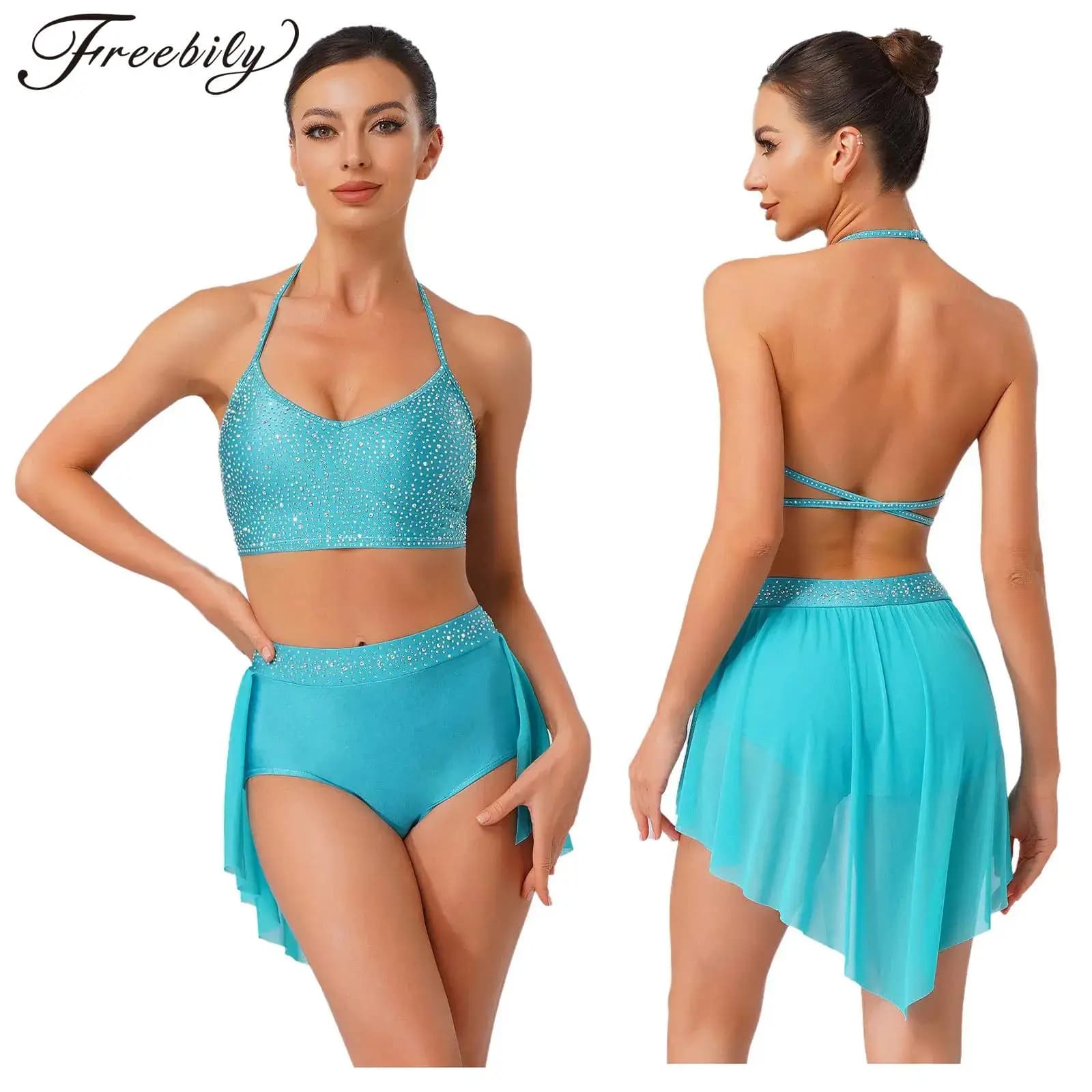 Top corto da ballo latino con strass lucidi da donna con slip con gonna Lyrico Cha-cha Sala da ballo Tango Samba Rumba Performance Dancewear