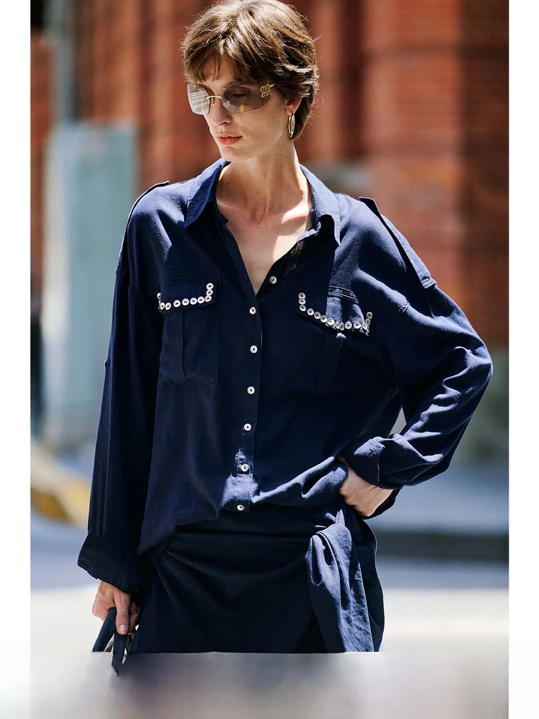 Luna7xi Heavy Industry Design Women's Loose Long Sleeve Shirt High Waist Shorts Casual Pants Two-Piece Set Fashionable Commut...