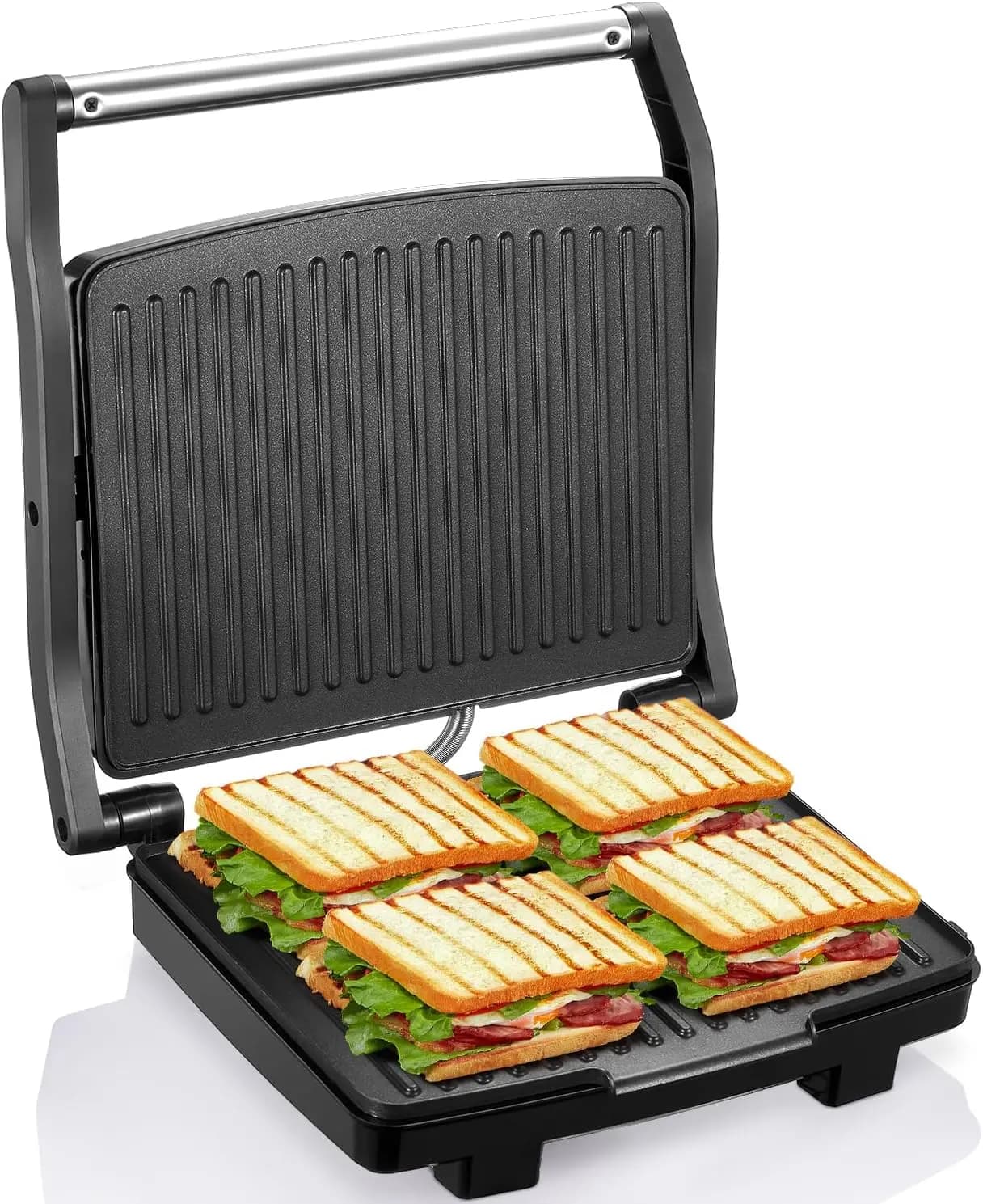 Griglia per pressa Panini, macchina per panini gourmet, griglia elettrica per interni con piastra di cottura antiaderente e vassoio antigoccia rimovibile, facile da usare