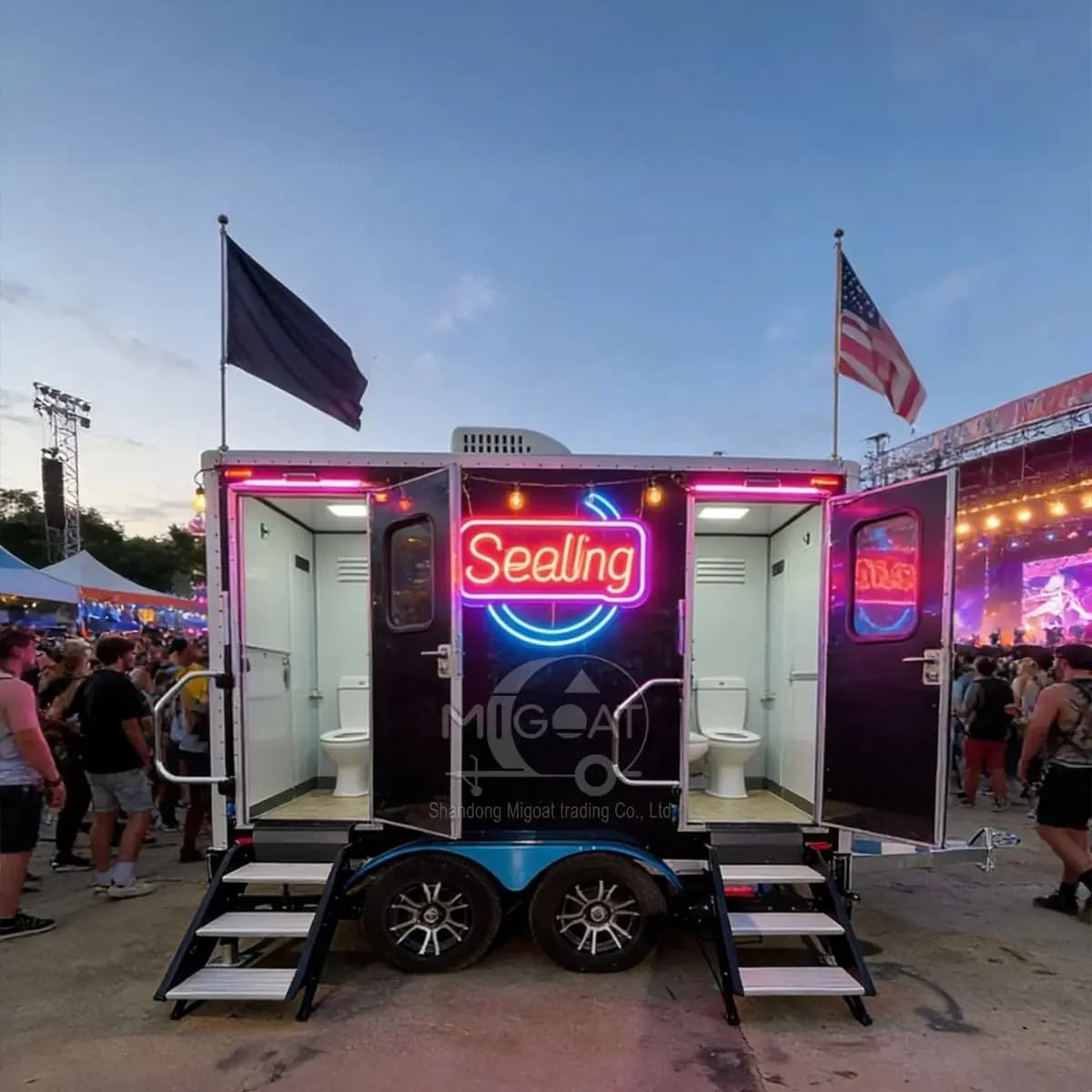 Bagno Mobile di Lusso a 2 Postazioni con Lavabo, Specchio e Illuminazione LED per Eventi e Cantieri