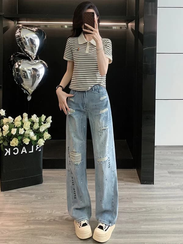 Fashionable Casual Sportswear Set Women Summer 2026 Short Sleeve Striped Top Denim Wide Leg Pants Two Piece Set