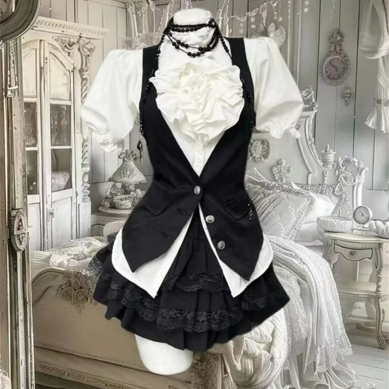 Y2k Estetico Lolita Style Dolce Set da 3 pezzi Camicia da donna con maniche a sbuffo con volant + Gilet nero slim fit + Gonne da fata patchwork in pizzo