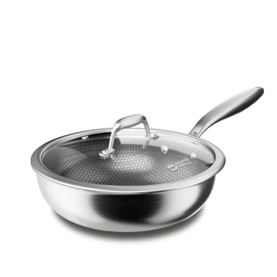 Wok Ibrido in Acciaio Inossidabile con Coperchio, Padella Antiaderente per Saltare in Padella e Frittura Profonda, Padella Quotidiana Tri-Ply Clad a Nido d'Ape, per Induzione