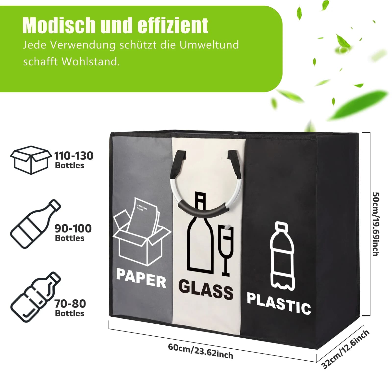 3‑Compartment Portable Recycling Sorting Bin with Handles Paper Glass Plastic Waste Separation Bag Household Kitchen Storage Use