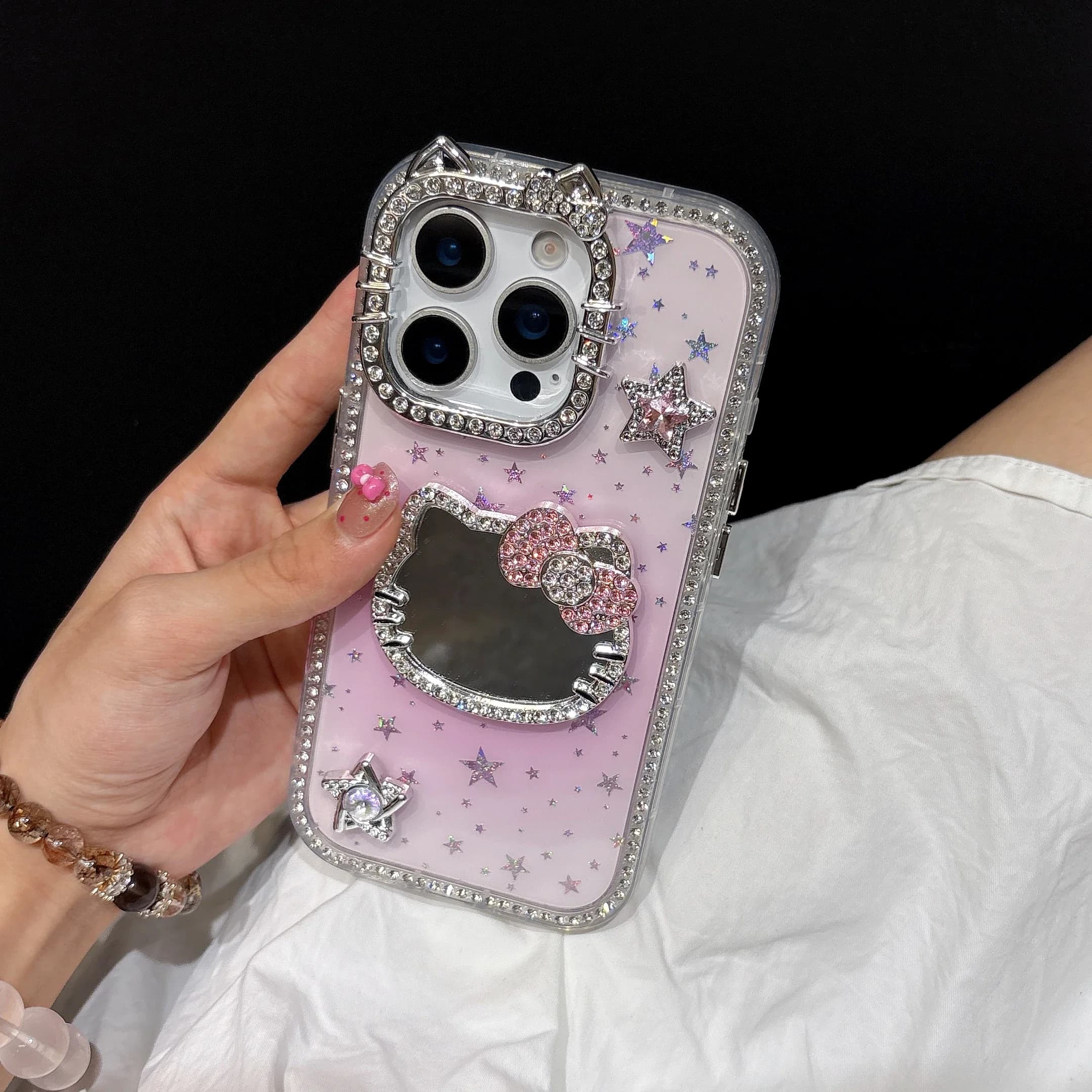 Custodia per Telefono con Specchio per il Trucco, Glitter e Stelle per iPhone 17 16 15 14 13 Pro Max, Antiurto, Rigida, 3D, Carina, Sanrio Hello Kitty