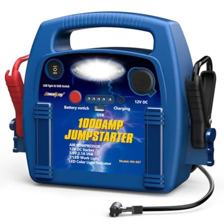 Avviatore di Emergenza per Auto da 1000 Amp con Compressore d'Aria, Batteria 12V al Piombo-Acido, Gonfiatore Pneumatici 260PSI, 12000 mAh