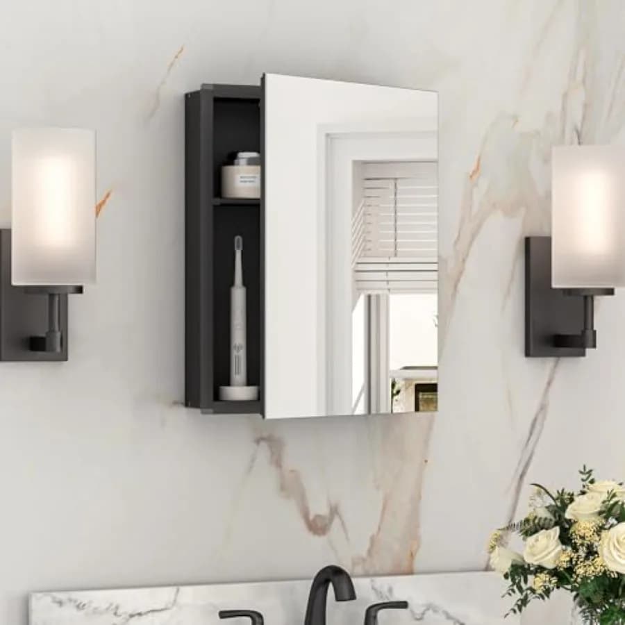 Armadietto Portamedicinali 14 x 18 Pollici, Montaggio Richiesto, Armadietto a Specchio per Bagno, Leggero, Ripiani Liberamente Regolabili, da Incasso