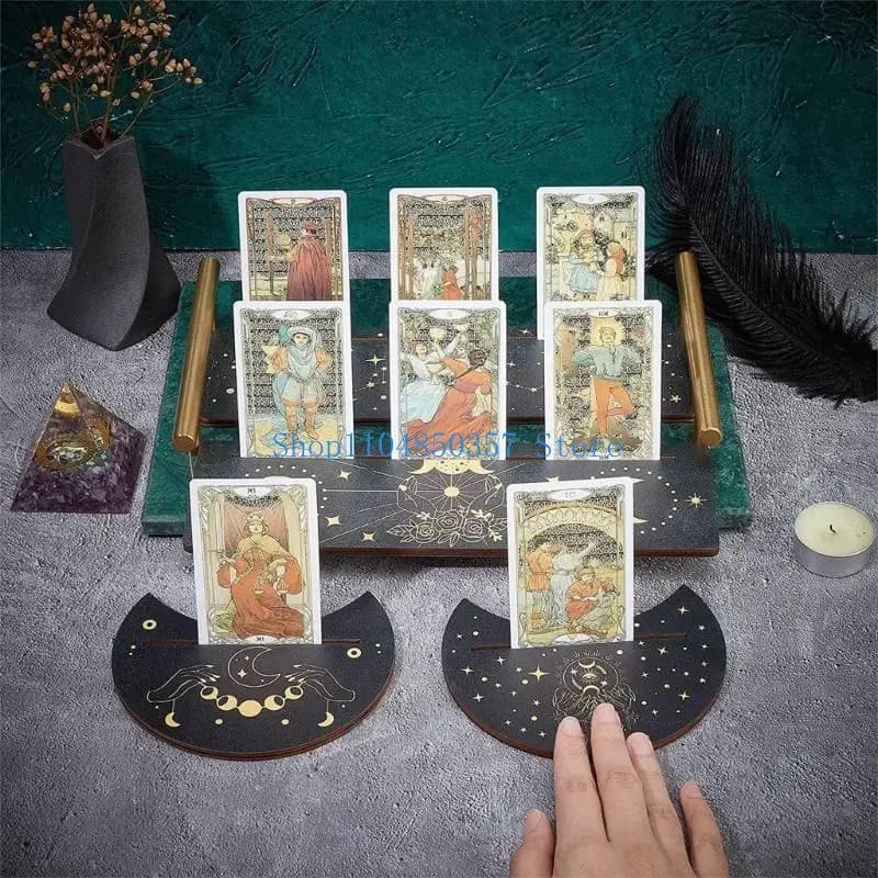 Supporto per carte dei tarocchi Supporto in legno Fasi lunari Base per altare Forma di luna e porta carte rettangolari per strumenti di divinazioni delle streghe