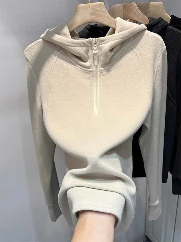 Double-Sided Fleece Hoodie Sweatshirt T-Shirt Women's Fashionable Base Layer Straight Cut Polyester Long Sleeve Korean Style