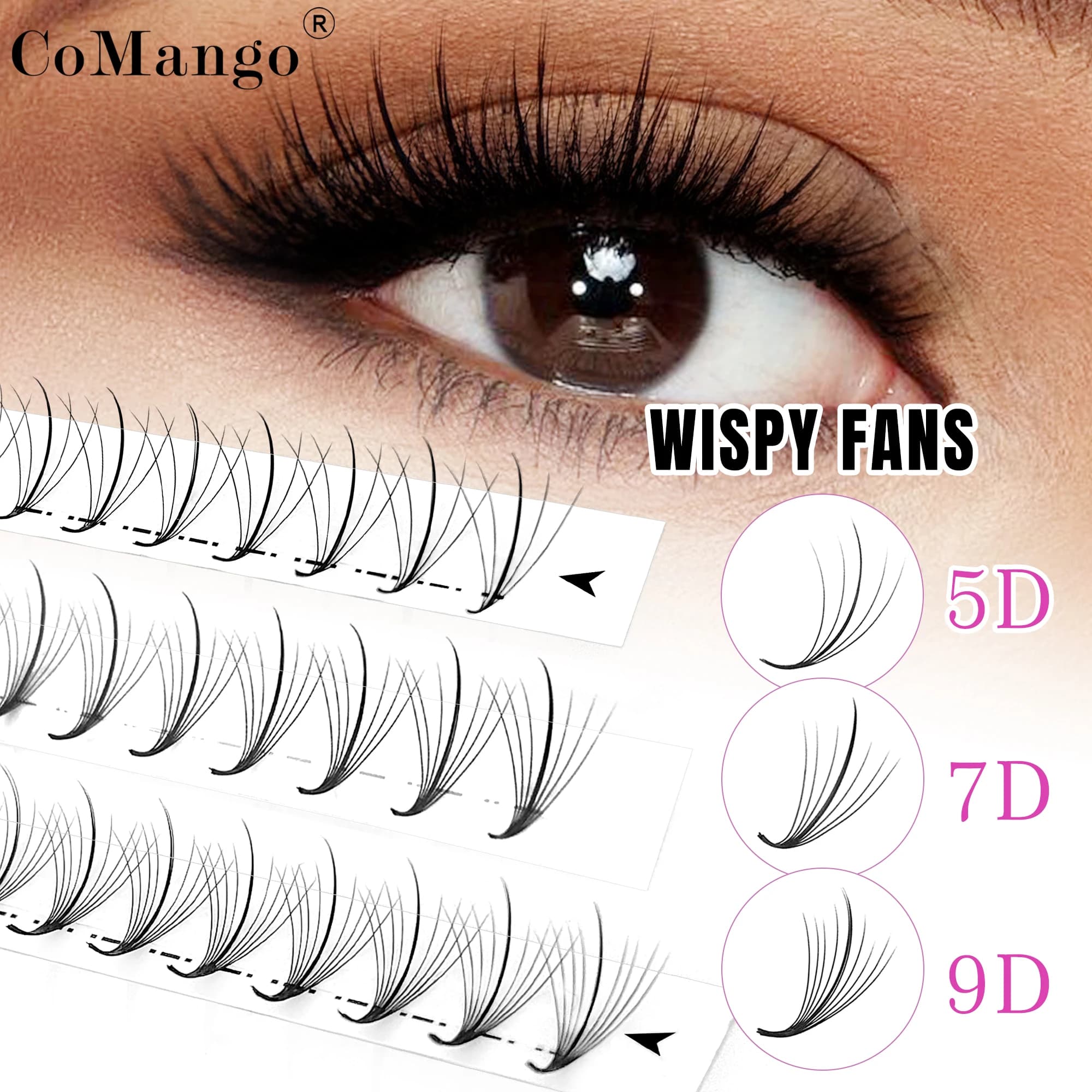 CoMango 5D 7D 9D fan premade extension 120 fan pointed base promade hybrid eyelashes wispy makeup tool