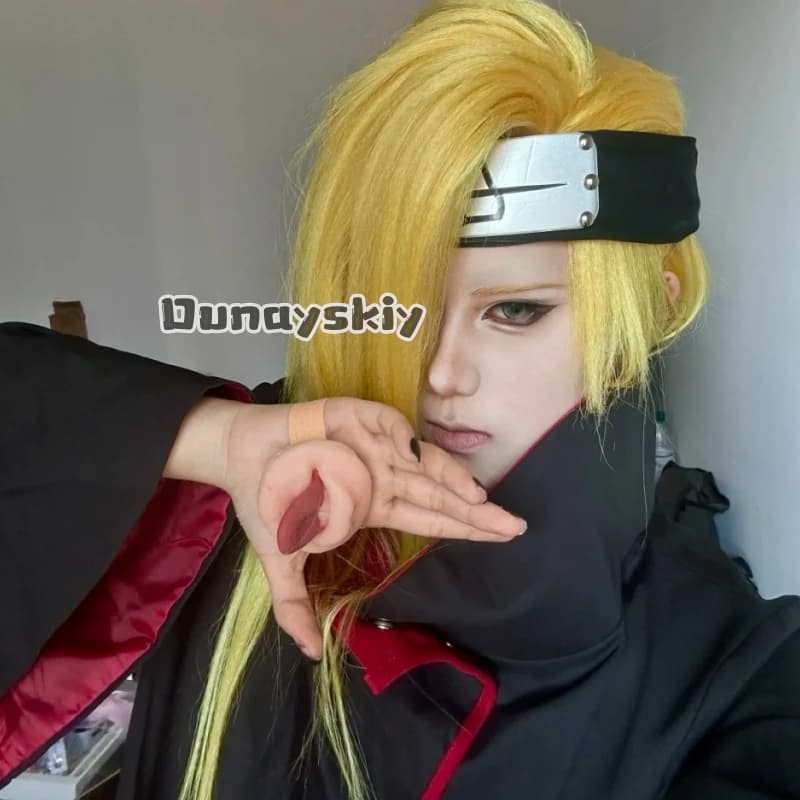 LWW29*Costume Cosplay Deidara con Mantello, Fascia per Capelli e Parrucca per Feste di Halloween, Mantello Ninja Akatsuki Nuvola Rossa