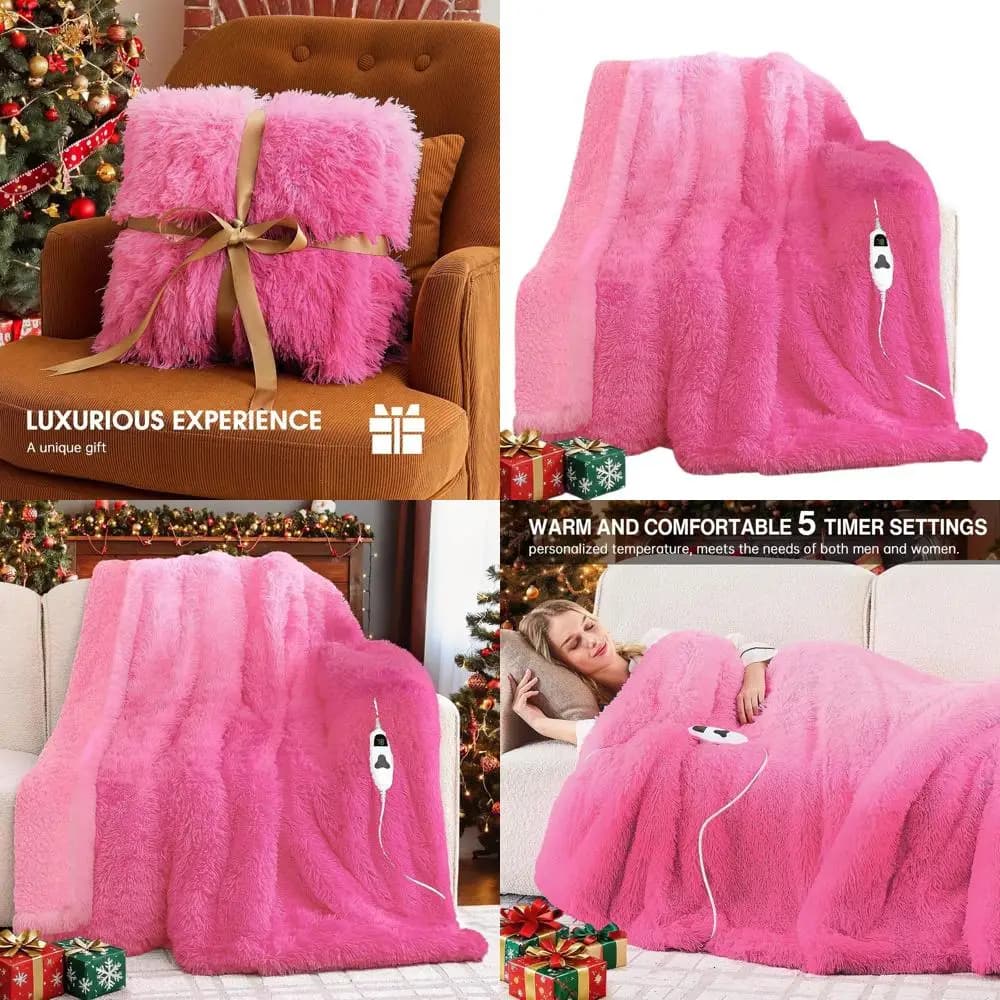 Coperta elettrica Sherpa in pelliccia sintetica con 10 impostazioni di calore e 5 impostazioni di tempo, riscaldamento rapido, 50x60, rosa rossa