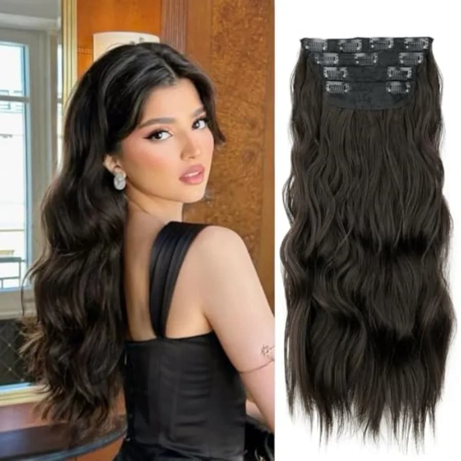 4PCS Clip in Hair Extensions for Women Dark Brown Hair Extensions Clip Ins 20 Inch Long Wavy Synthetic Hairpieces, Perfect for