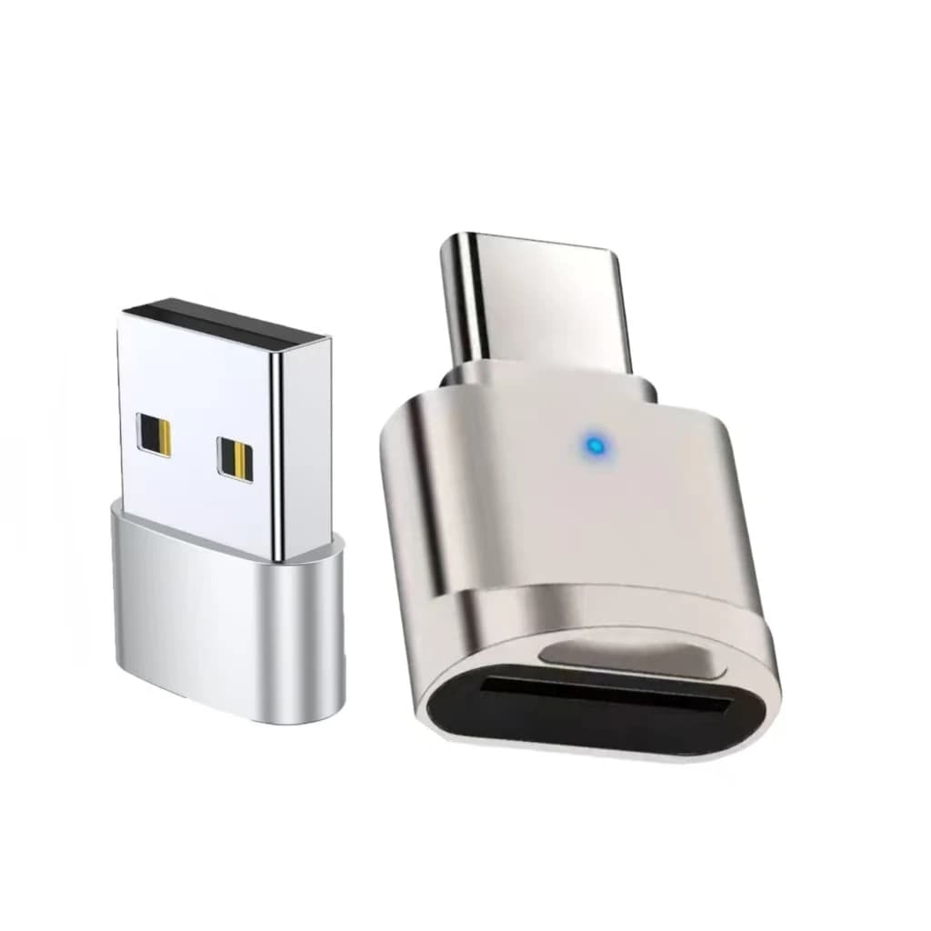 Lettore di schede TF USB-C con custodia in lega di zinco, dotato di adattatore USB-C a USB-A integrato e adattatore USB-C a USB.